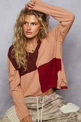 POL Color Block Notched Long Sleeve T-Shirt OutfitFlow